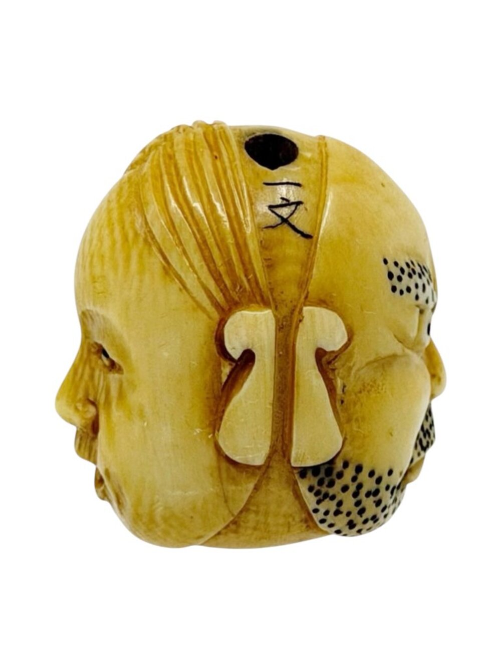 Meiji Period Japanese Three Faces Folk Play Mask Ivory Netsuke - GM1231